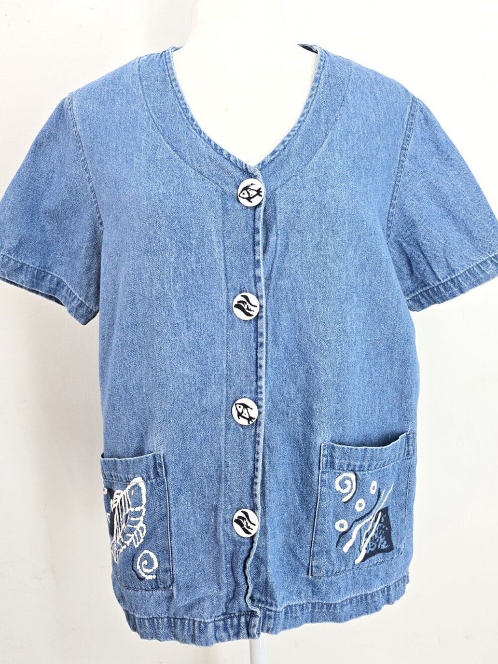 Vintage 80s 90s Greek Nautical Fish Button Front Chambray V Neck Top Women M/L